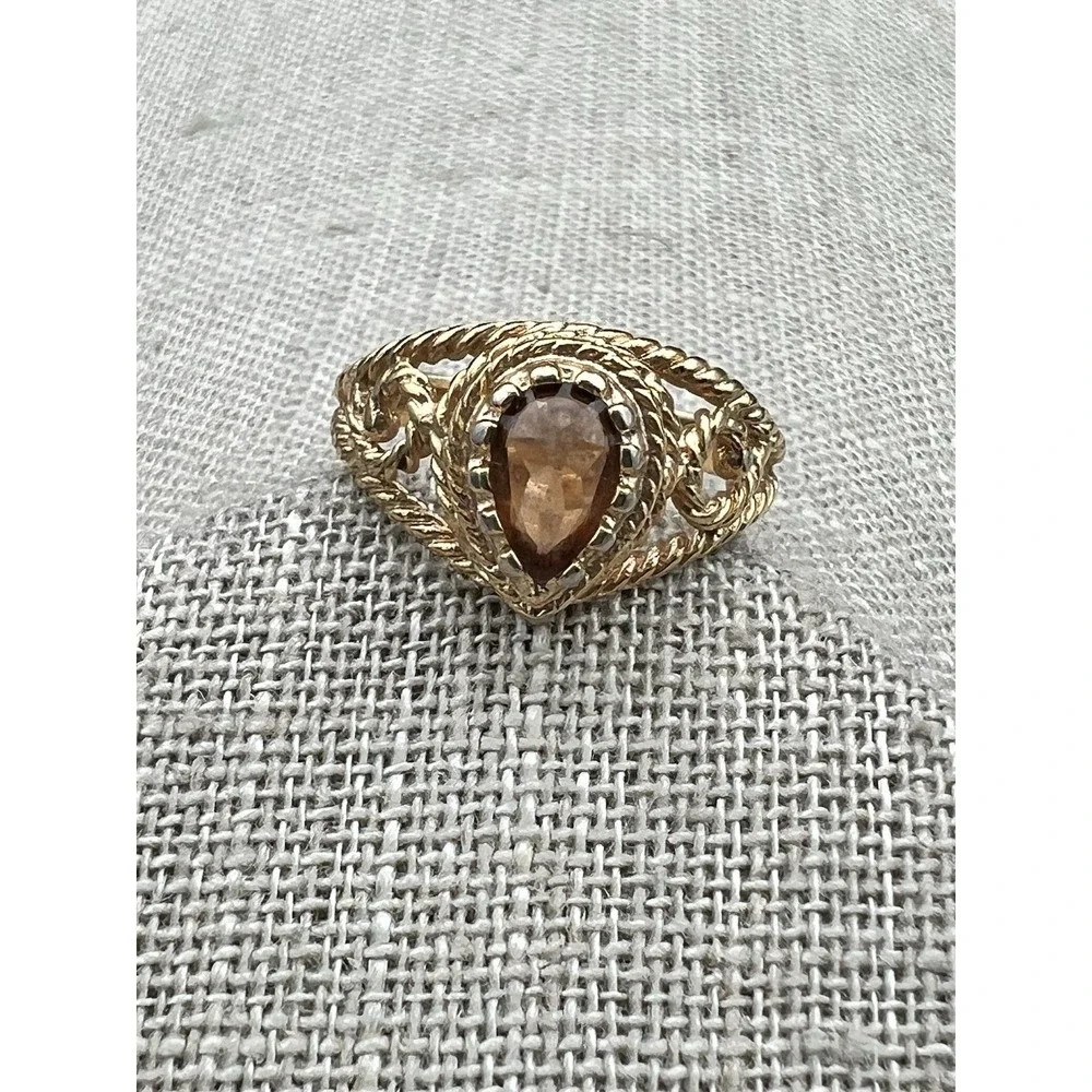 Vintage Gold Tone Rope Twist Pear Statement Ring Smoky Brown Teardrop Sz 7.75